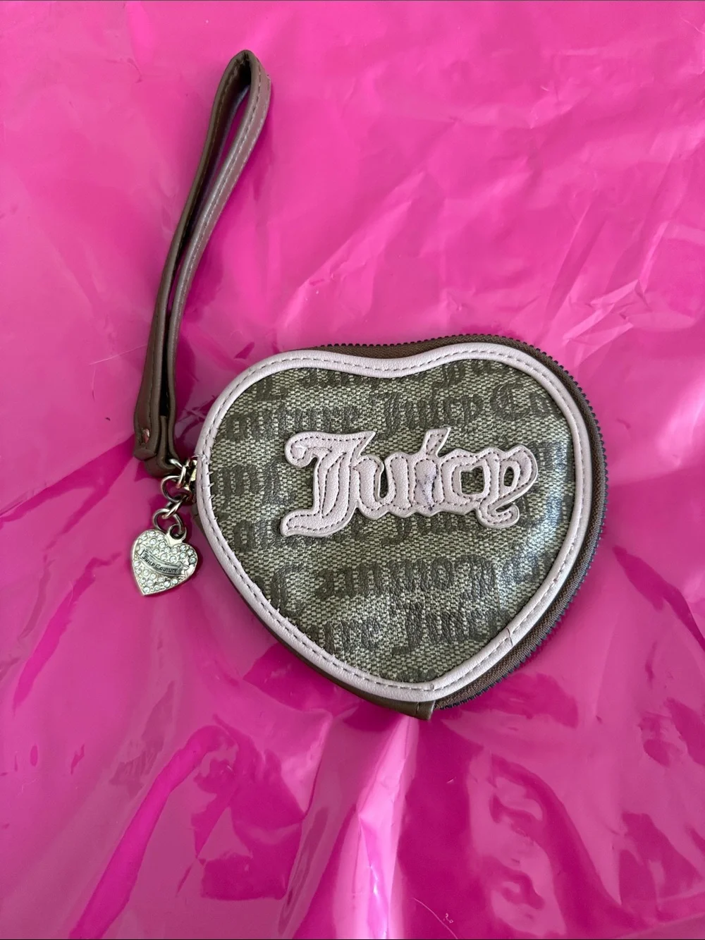 Juicy Couture Heart Wristlet in Beige with Pink Trim